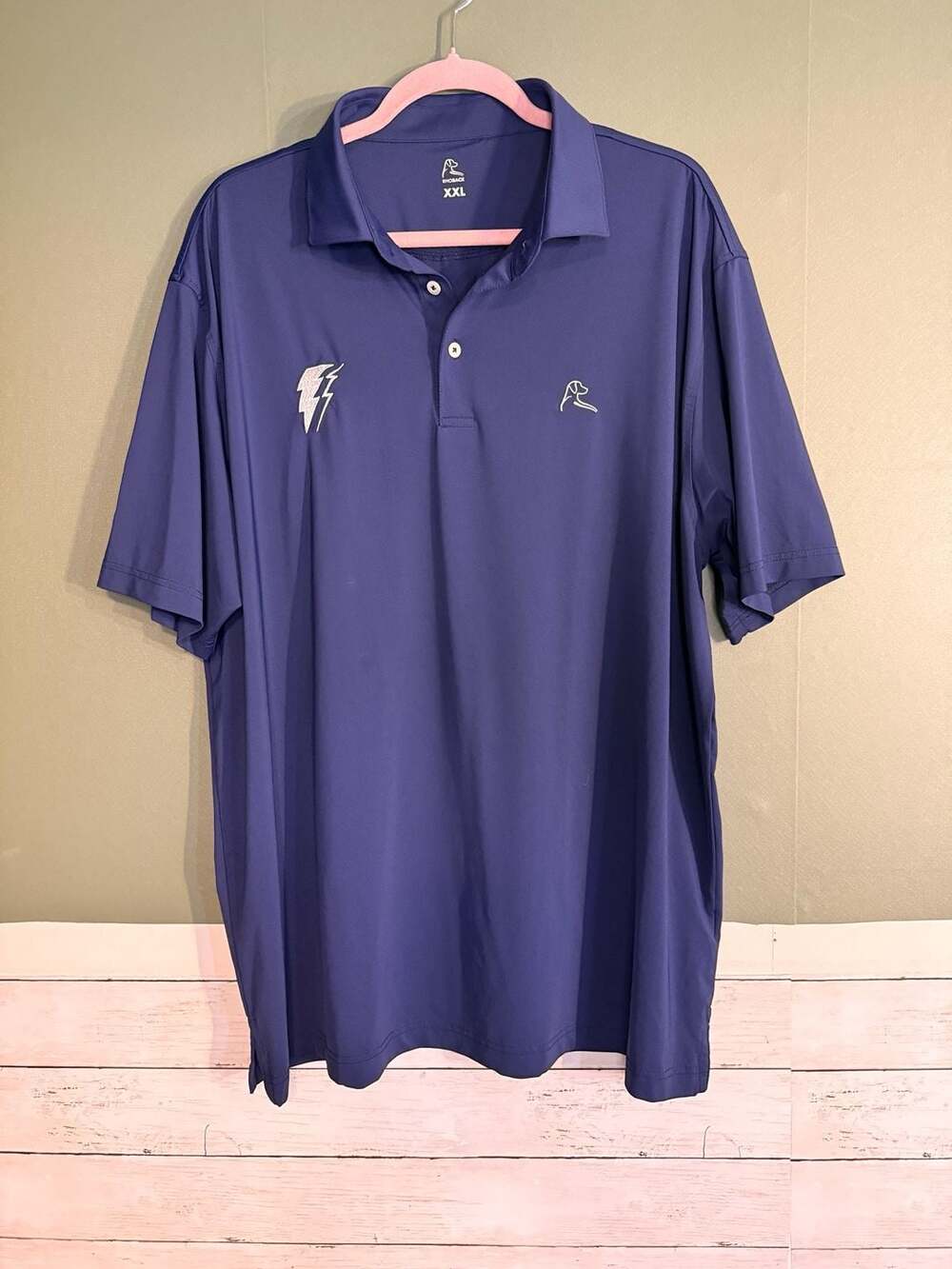 Rhoback 2XL Performance Polo Shirt Navy Blue Lightning Bolt Logo‎